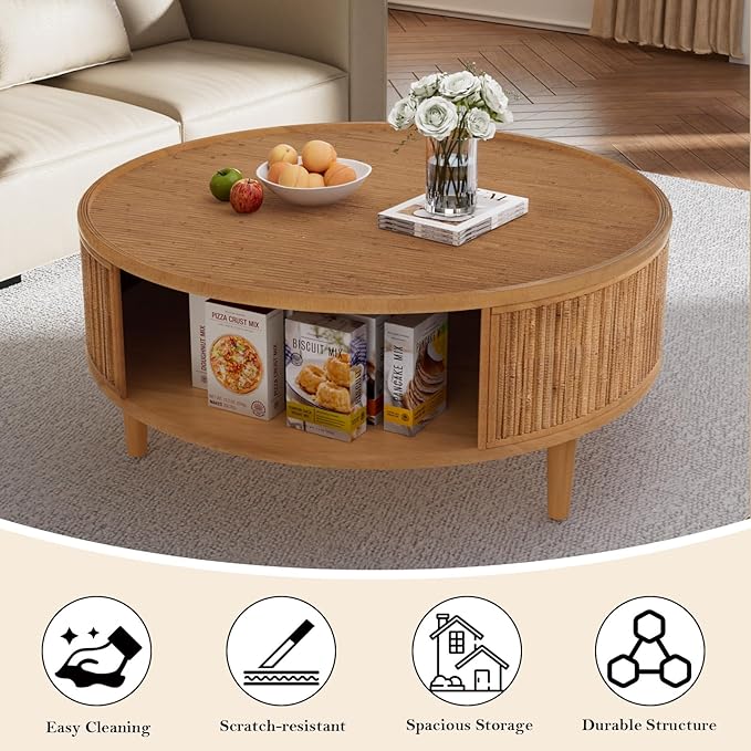 Round Coffee Table - Bamboo Woven Tabletop & Anti-Skid Solid Wood Legs 30.5" Rustic Center Tables with with Ample Storage Space for Living Room Apartment (Round 30.5in)