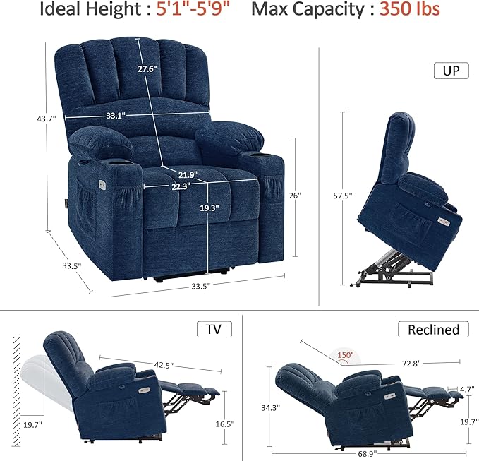 MCombo Power Lift Recliner Chair for Elderly, Lift Chair with Heat and Massage, USB &Type C Ports, Cup Holders, Fabric 7095 (Medium, Navy Blue)