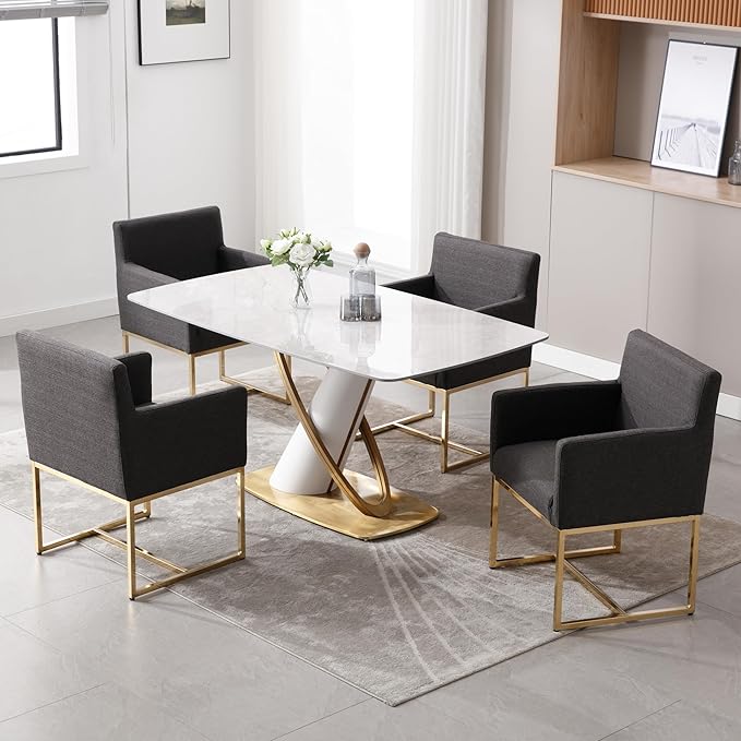 BESTANO Upholstered Dining Chairs with Armrest Set of 6 Mid Century Modern Accent Chairs Armchairs with Gold Metal Frame, Modern Kitchen & Dining Room Chairs, Charcoal