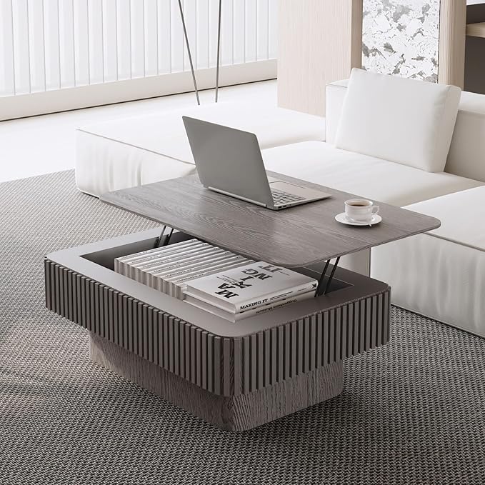 FGXJY Lift Coffee Table with Storage & Adjustable Height, Rectangle Solid Wood Coffee Table Fluted Center Table Accent Tea Table or Living Room, Apartment, Office (38.6" Grey)