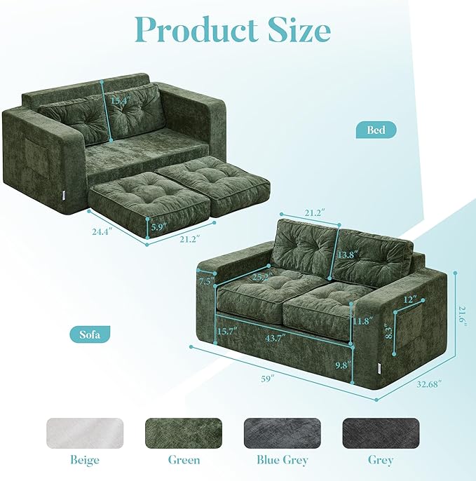 Hobestluk Sofa Couch Loveseat Sofa with Chenille Fabric 2-Seater Sofa for Small Spaces Comfortable Foam Floor Sofa 2 in 1 Boneless Couch for Living Room Bedroom Apartment or Office (Green, Loveseat)