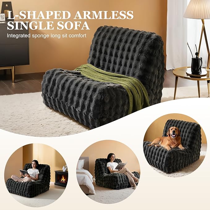 Bean Bag Chair for Adults, Lovely Bean Bag Chair with Plush Faux Fur, Lazy Floor Sofa, Comfy Reading Nook Chairs, Couch Single Sofa for Living Room Bedroom Office (Dark Grey)