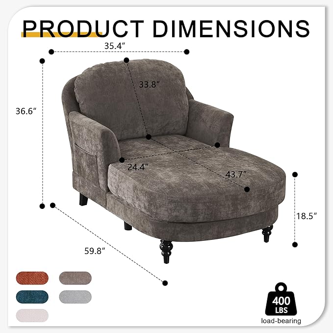 Chaise Lounge Chair Indoor with Pillows - Linen Fabric Comfy Reading Chair Bed, Upholstered Modern Small Couch Sofa Bed for Living Room, Bedroom & Apartment (Brown)