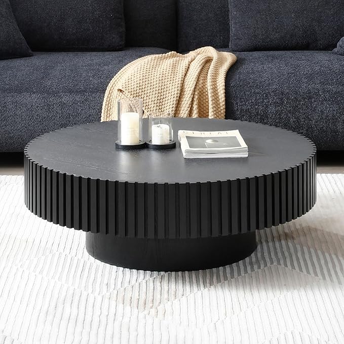 39.37'' Black Round Wood Coffee Table for Apartment, Modern Living Room Coffee Table with Sturdy Pedestal