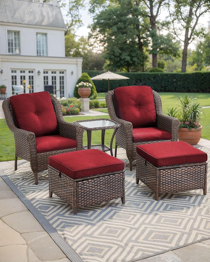 ACTREST 3 Piece Patio Brown Wicker Chairs with Side Table - Outdoor High Back Heavy Duty All-Weather Lawn Dining Rattan Chair Conversation Bistro Set for Deck Porch Balcony Backyard Garden - Red