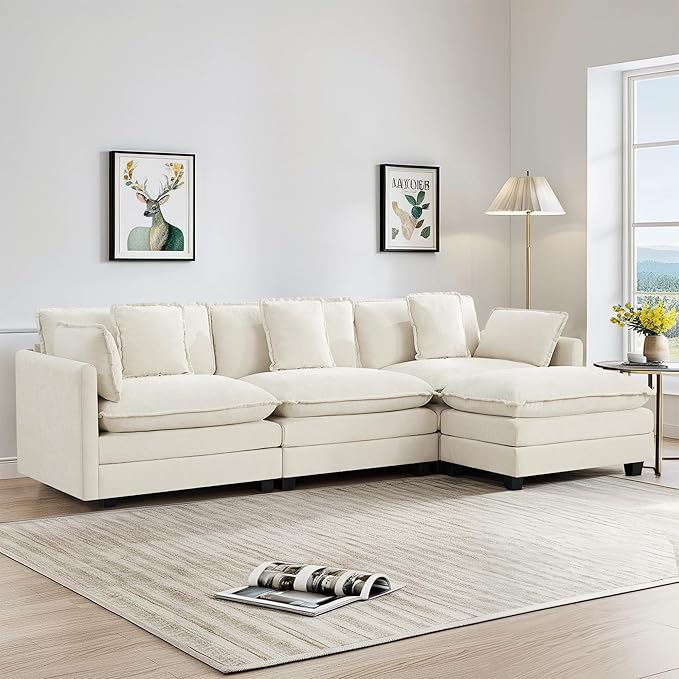 UMBFUN 3-Seater Cloud Couch with Ottoman, Oversized Comfy Modular Sectional L Shaped Sofa with Deep Seats, Chenille Couch for Living Room, Beige