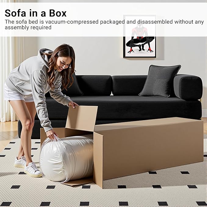 78" Convertible Sleeper Sofa Bed, Corduroy Folding Sofa Bed with Fixed-Shape Frame, Fold Out Floor Mattress Couch, Lazy Compression Sofas for Living Room, Bedroom, No Assembly Required, Black