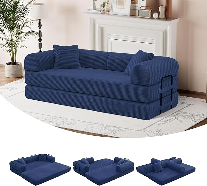 ZQRhome 79" 5-in-1 Convertible Sofa Bed, Premium Sleeper with Reinforced Frame & Plush Corduroy, No Assembly Modern Couch for Lounge, Living Room & Guest Room, Blue
