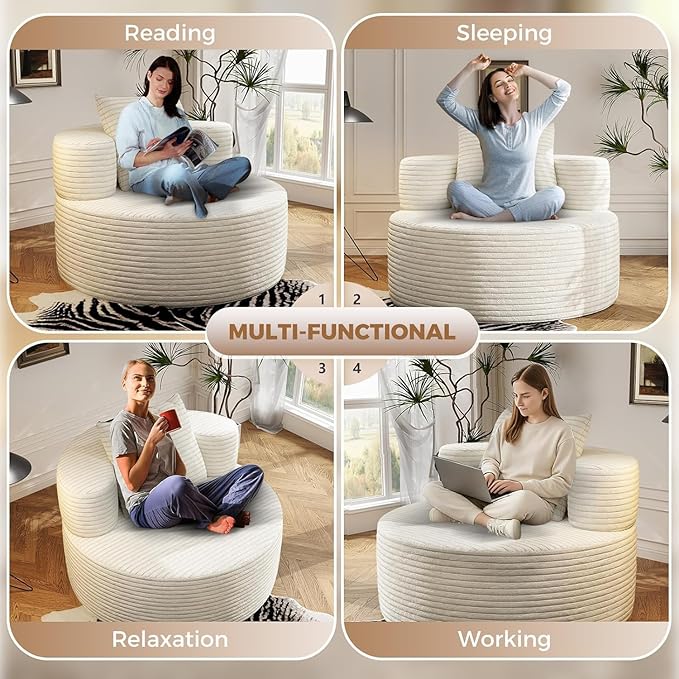 Giant Bean Bag Chair Oversized for Living Room Round Boneless Chair Corduroy Chaise Lounge for Adults Memory Foam Big Accent Sofa Lounge Floor Sofa for Gaming Reading Relax No Assembly Required