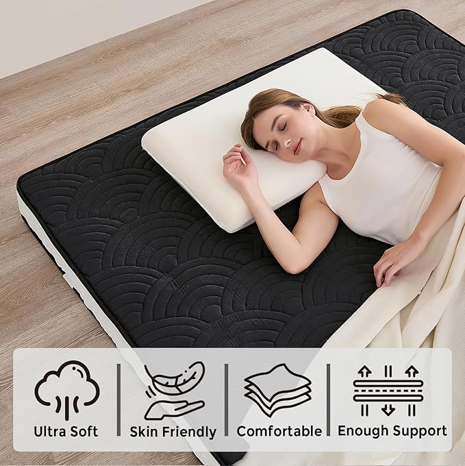 Zelladorra Japanese Floor Mattress, Quilted Futon Mattress with Anti-Slip Bottom, Foldable Floor Bed with Storage Bag and Straps, (Black, Twin)
