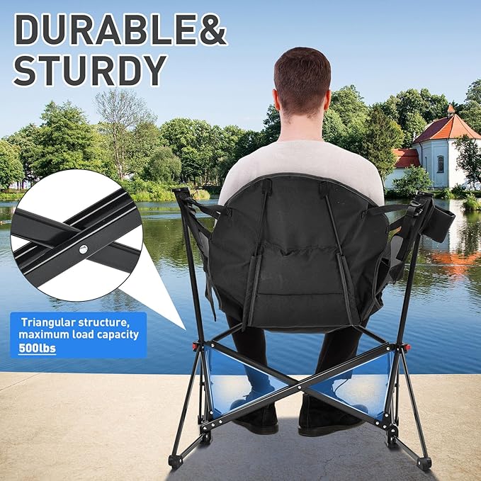 GDY Camping Chairs, Oversized Hammock, Folding Rocking Chairs, Adjustable Back Swing Chairs, Cup Holder, Outdoor Beach Lawn, Black