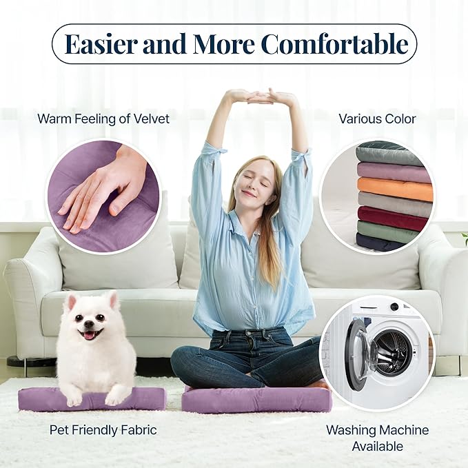 Velvet Floor Pillow Set of 2, Square Large Pillows Seating for Adults, Tufted Cushions for Meditation, Yoga, Tatami, Living Room, Chair, Machine-Washable & Dryer-Safe, Lavender, 22x22 Inch
