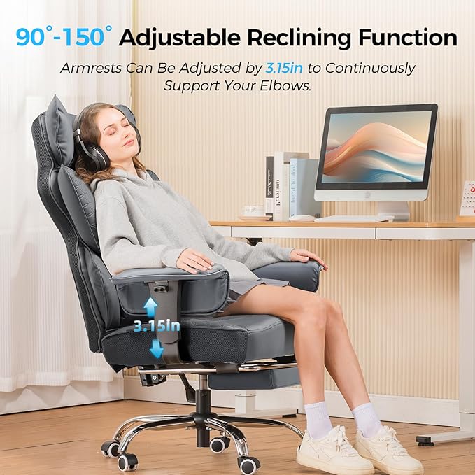 COMHOMA Desk Office Chair 400LBS Big and Tall Office Chair Ergonomic Gaming Chair with Wide Seat Leather High Back Chair with Foot Rest Adjustable Armrests Pocket Spring Lumbar Support