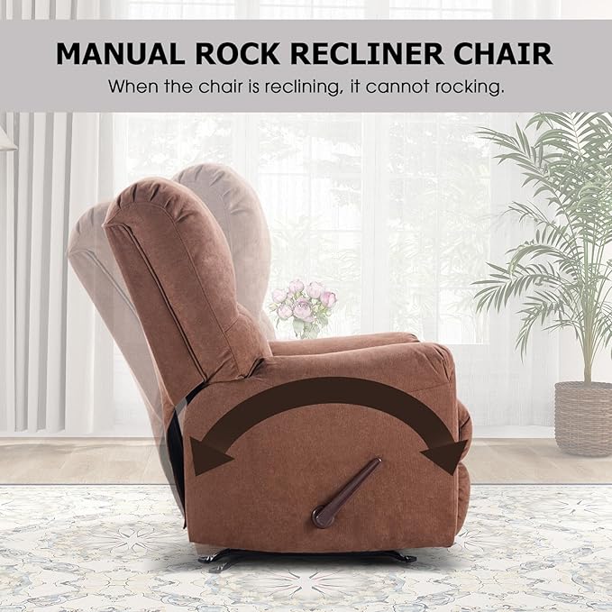 CANMOV Rocker Recliner Chair for Adults,Manual Recliner Chair with Overstuffed Backrest and Armrests, Soft Fabric Manual Rocking Reclining Sofa for Living Room,Brown