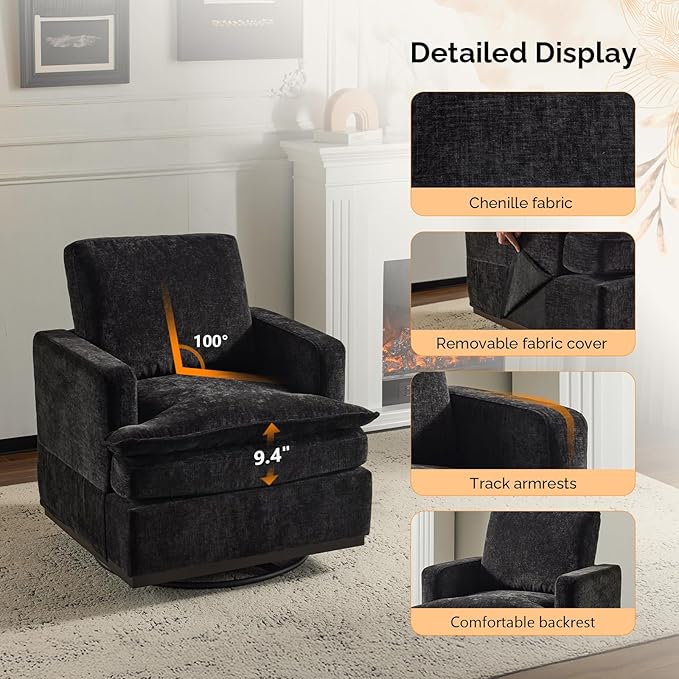 VINGLI 360° Swivel Mid-Century Modern Accent Armchair with Double-Layer Seat Cushions, Comfy Single Square Sofa, Upholstered Club Chair for Living Room,Bedroom, Reading Room, Chenille Black