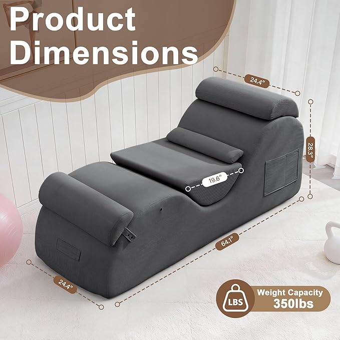 DRMBOOK Yoga Chairs for Adults, Corduroy Fabric Chaise Lounge with Headrest, Boneless Yoga Sofa Couch with Waist Cushion, Movable Footrest, Side Pockets for Relaxation Exercise Stretching (Grey)