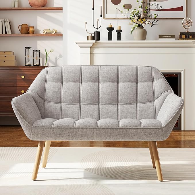 48" Small Loveseat Sofa, Mid Century Modern Linen Love Seat with Wood Legs 2-Seat Sofa Couch Tufted Wingback Upholstered Sofa Chair for Living Room Bedroom Apartment, Beige
