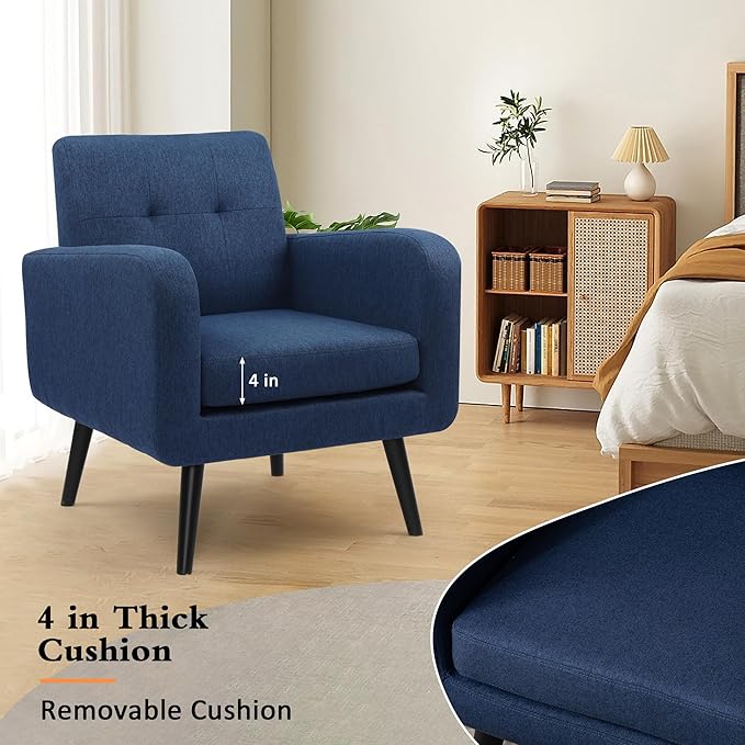 LSSPAID Accent Chairs Set of 2, Modern Blue Linen Fabric Living Room Chairs, Comfy Upholstered Armchairs Single Sofa Chair with Solid Wood Legs for Apartment, Reading, Office