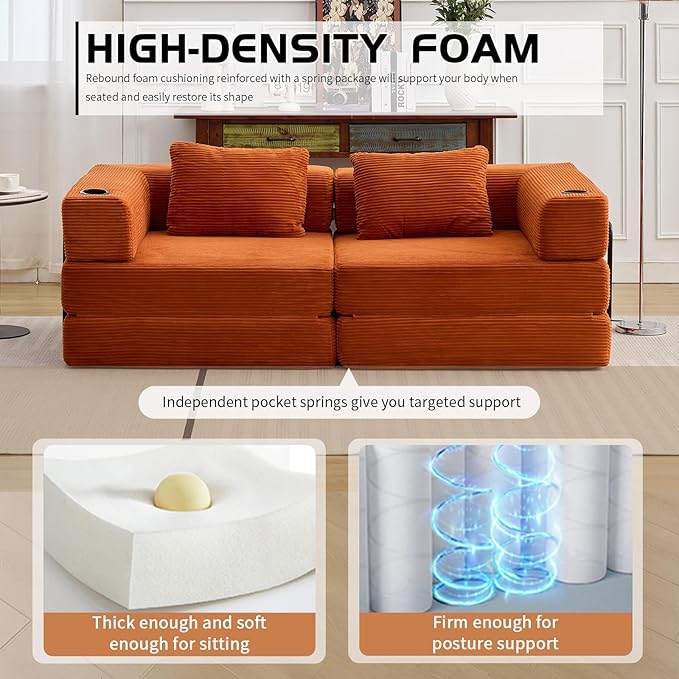 78" Loveseat Sleeper Sofa, 4 in 1 Convertible Floor Sofa Bed, Boneless Cloud Couch with Cup Holder, Fold Out Floor Couch for Living Room Bedroom Lounge, Corduroy, Orange