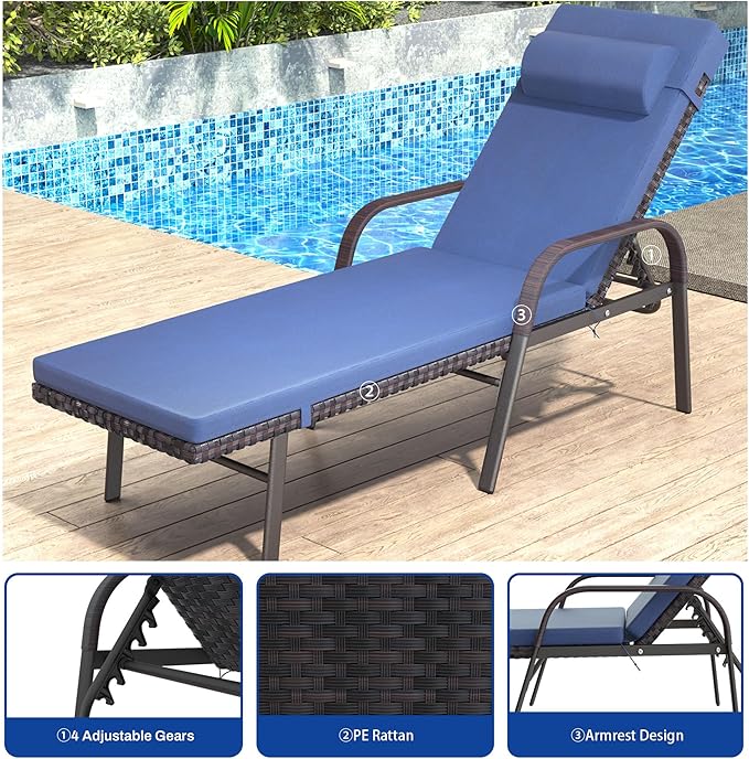 Trumbeak Patio Chaise Lounge Set 3 Pieces Pool Lounge Chairs,Cushioned Outdoor Folding Lounge Chair w/Arm and Rattan Adjustable Backrest for Poolside Porch,Folding Table Included,NavyBlue