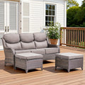 Pugire 3 Pieces Patio Furniture Sofa Set with 6" Thick Cushions, High Back Wicker Sectional Outdoor Sofa with Ottoman, Outdoor Conversation Set for Balcony Deck Porch Backyard, Brown/Grey