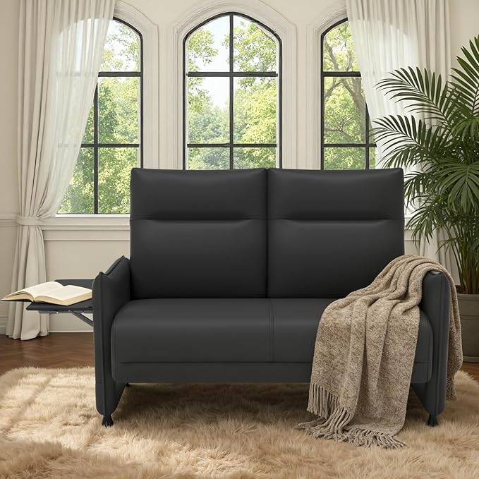 Faux Leather Loveseat, Upholstered Loveseat with Hidden Foldable Tray & Side Pocket, Front Contour Arm Design, Modern 2-Seater Sofa Couch for Compact Spaces, Black