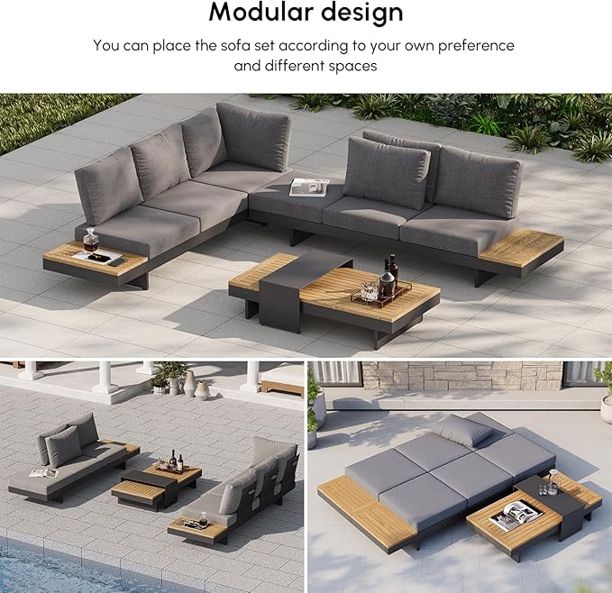 homary Outdoor Conversation Sets, 6 Piece Aluminum & Teak Patio Sectional Sofa Set with Adjustable Backrests, Waterproof Cushions, Ideal for Patios & Balconies | Waterproof Cushions, Adjustable Backrests, Fade Resistant, Modular design, Outdoor Materials