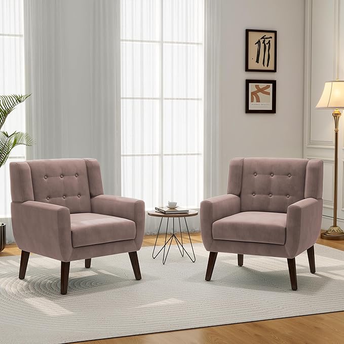 DREAMSIDEA Accent Chair, Modern Velvet Arm Chair for Living Room, Bedroom, Comfy High-Resilient Sponge Reading Chair for Small Spaces （Velvet Silk Pink, Set of 1
