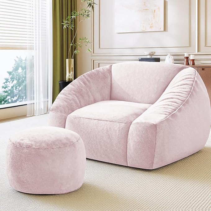 Bean Bag Chairs with Ottoman for Adults, Comfy Beanbag Chair with High-Resilience Foam, Oversized Bean Bag Sofa with Soft Faux Fur Fabric, Bean Bag Chair for Living Room,Bedroom,Pink