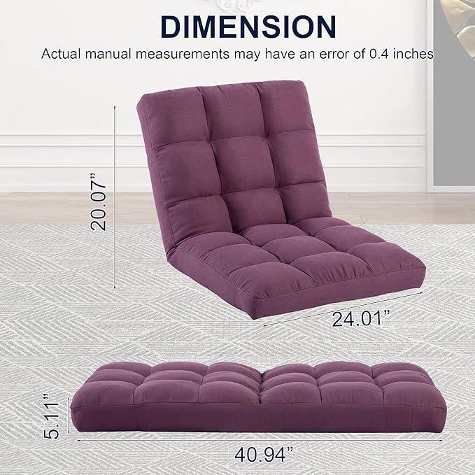 HOMYEDAMIC Folding Floor Chair with Back Support, Adjust Lay Flat Recliner Oversized Lounge Wide Lazy Boy Gaming Ergonomic Single Sofa Seat for Living Room Bedroom(Purple)