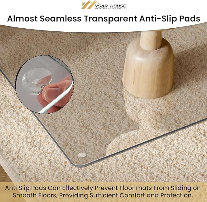 55"x46" Tempered Glass Chair Mat, Heavy Duty Glass Office Floor Mat for Carpet or Hardwood Floors, with Non-Slip Pads, Round Corner and Polished Edge, Effortless Rolling, Thick 1/5"