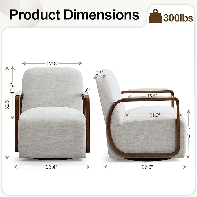 CACFTII 32" Chenille Upholstered Swivel Accent Chairs Set of 2, 360° Rotating Metal Base Modern Lounge Chair with Wooden Armrests for Living Room Bedroom, Beige