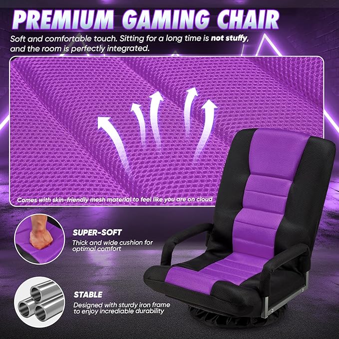 Swivel Gaming Chair 360 Degree Multipurpose 2PACK Floor Chair w/Armrest & 6 Adjustable Postions Backrest for Adults & Kids, for Reading, Gaming, Watching, Relaxing, Purple