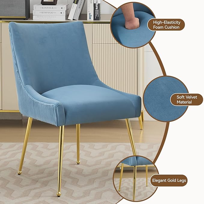 WUTUTUEE Velvet Dining Chairs Set of 6 Gold Legs,Upholstered Velvet Accent Chairs, Pleated Back Design & Gold Pull Handle, Mid Century Modern Chairs for Dining/Kitchen/Living Room,Light Blue