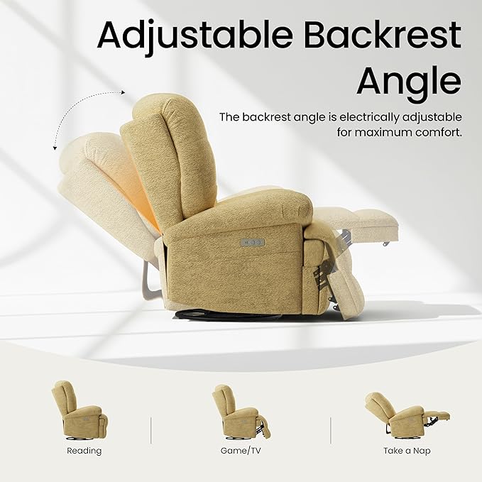 COLAMY Floren Power Swivel Recliner Chair with USB & Type-c Charge,Oversized and Padded Upholstered Deep Seat and Armrest，Rocking Recliner with Double Storage Pockets,Yellow