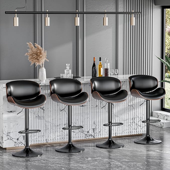 Aowos Bar Stools, Adjustable Swivel Barstools for Kitchen Island, Mid Century Modern Leather Counter Height Bar Chairs with Back & Footrest (Black 1PCS)