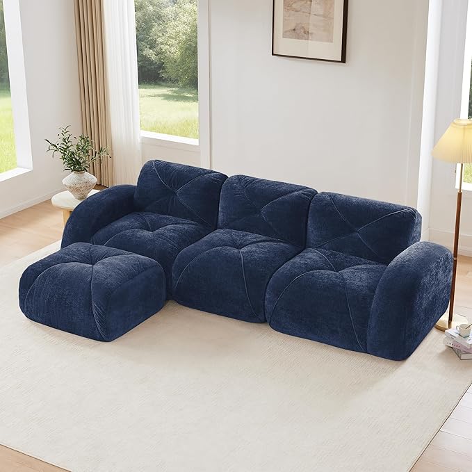 Modular Sectional Sofa with Free Combination,Boneless Floor Couch for Living Room & Lounge,Velvet 3-Seater Sectional Couch with Ottoman,No Assembly Needed
