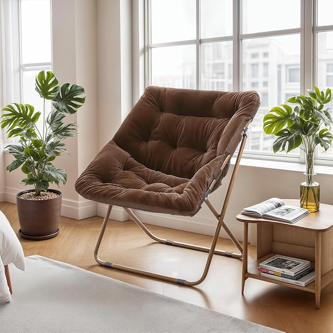 Athena Collection Saucer Chair for Adult, Square Comfy Cozy Chair Folding Chair Faux Fur Metal Frame Foldable Reading Chair Accent Chair for Bed Room Living Room, Brown