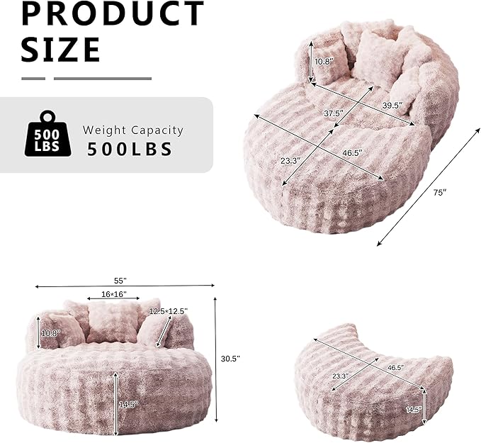 Oversized Chaise Lounge Chair Indoor with Ottoman 55" W x 75" L Round Reading Chair Plush Faux Fur Corduroy Cloud Circle Boneless Chair with 5 Pillows for Living Room - Pink