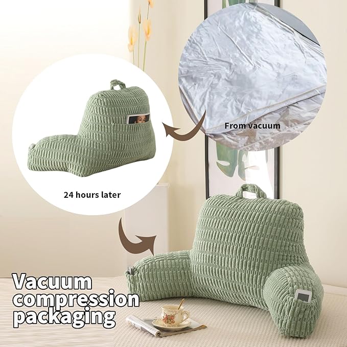 PAJEO Reading Pillow for Sitting in Bed, Large Backrest Reading Pillow with Arm Rest,Back-Rest Support Cushion for Sit Up on Couch, Sofa, and Floor, Dorm Essentials (Green Corduroy, Standard(17"))