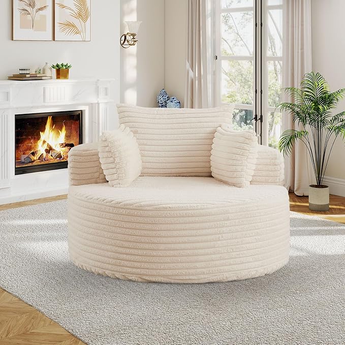50"W Oversized Round Chaise Lounge Chair Indoor, Upholstered Corduroy Deep Seat Cloud Circle Sofa Chair, Modern Fluffy Comfy Floor Reading Armchair for Living Room, Bedroom, No Assembly Required,Beige