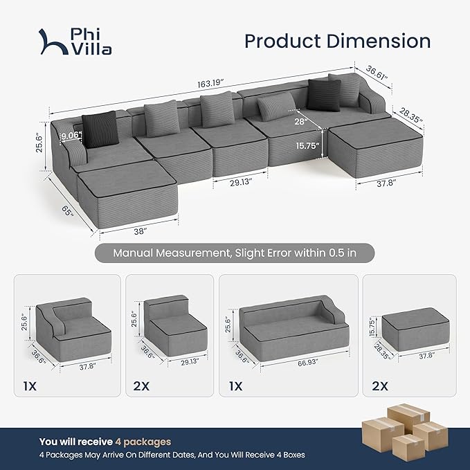 PHI VILLA Cloud Modular Couch, Boneless Sectional Sofa with U-Shaped Chaise, 7-Seater Couches with Movable Ottomans for Living Room, No Assembly Required, Corduroy, Grey