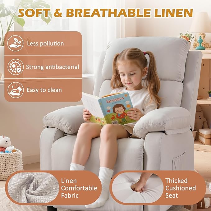 Recliner Chair, Living Room Chairs for Adults, Padded Deep Seat Reading Chair with Side Pockets, Small Recliners for Small Spaces, Lounge Chair for Living Room, Bedroom, and RV (Linen)