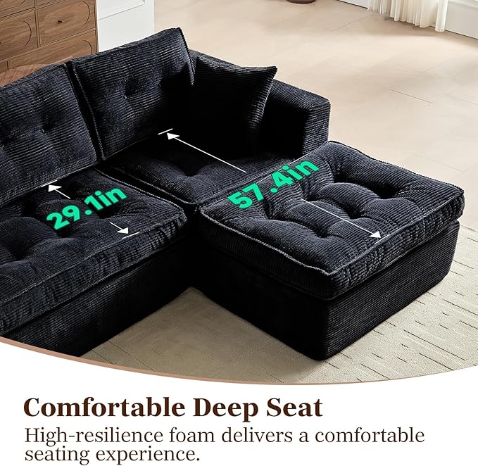 Cloud Couches for Living Room, Modern Modular Sectional Sofa with L-Shape Chaise, Boneless Couch with Deep Seat, Plush Corduroy, No Assembly Required (Black)