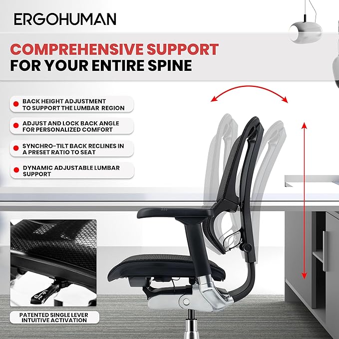 Ergohuman Eurotech ME3ERG-XTREME Mid Back Mesh Office Chair with Tilt Tension Control, Tilt Lock, Back Angle, Back Height, Synchro Tilt, Seat Height, Seat Depth, and Arm Height Adjustments