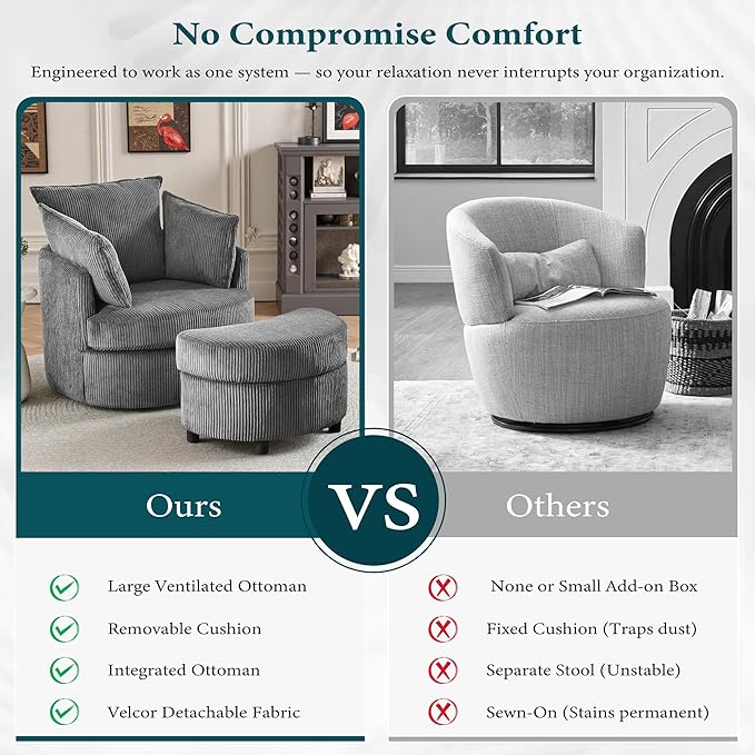 Chorlenimi Swivel Accent Chair Round Barrel Armchair Upholstered Living Room Chair Corduroy Reading Chair Single Sofa Chair for Bedroom Apartment Office (Grey, Upgrade 1Seater+ Ottoman)