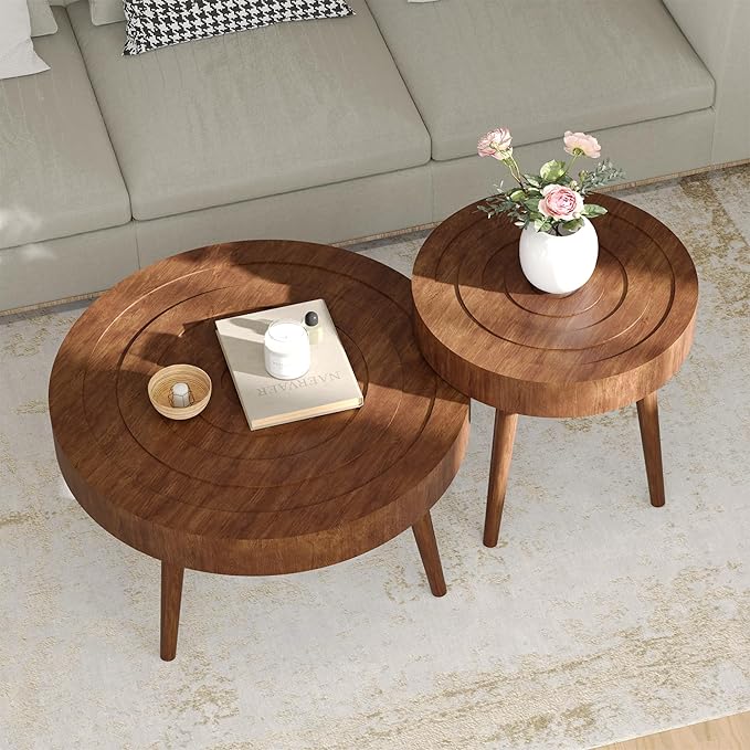 SUNBURY Round Coffee Table, Nesting Tables with Concentric Circle Pattern, Mid Century Modern Coffee Table Set for Living Room Bedroom, 31.5"x16" and 21.8"x20"