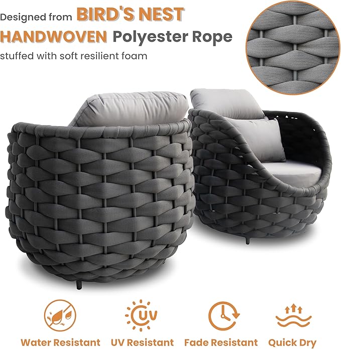 Erotr Lanai Outdoor Furniture Sofa Set: 6-Piece Aluminum Woven Rope Patio Conversation Set w/Table - Modern Cushions Couch Set - No Assembly Porch Seating for Deck Yard Garden Pool Hotel Resort