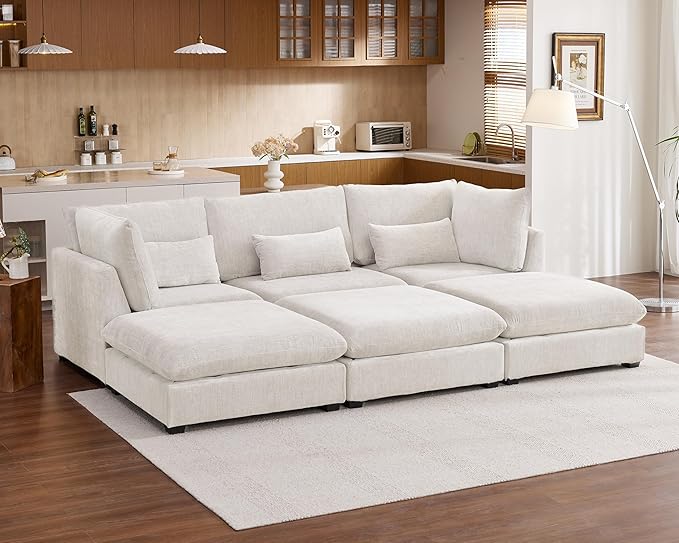Oversized Modular Sofa, Extra Deep Cloud Chenille Sectional Couch with Ottoman Chaise, Fluffy Chenille 6 Seater Couch Bed for Living Room, Villa (Sofa Bed 6 Seater, Chenille White)