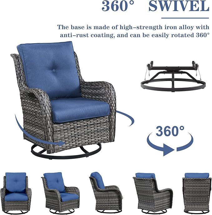 Belord 5 Piece Outdoor Patio Furniture Set - Wicker Furniture Patio Conversation Set, Outdoor Swivel Rocker Chairs with Loveseat Sofa and 2 Ottomans for Small Space, Blue Cushion